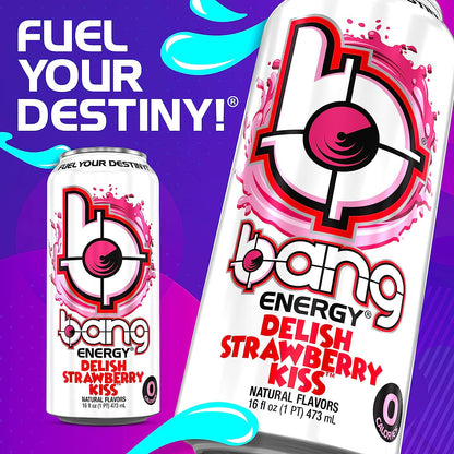 BANG Energy Drink - Zero Calories, Sugar Free, With Super Creatine, Ultra CoQ10 - Delish Strawberry Kiss, 16oz Cans (Pack of 12)