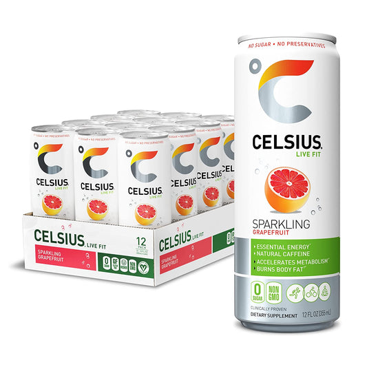 CELSIUS Sparkling, Sweetened with Stevia, Fitness Drink, Zero Sugar, 12oz. Slim Can | Grapefruit (Pack of 24)