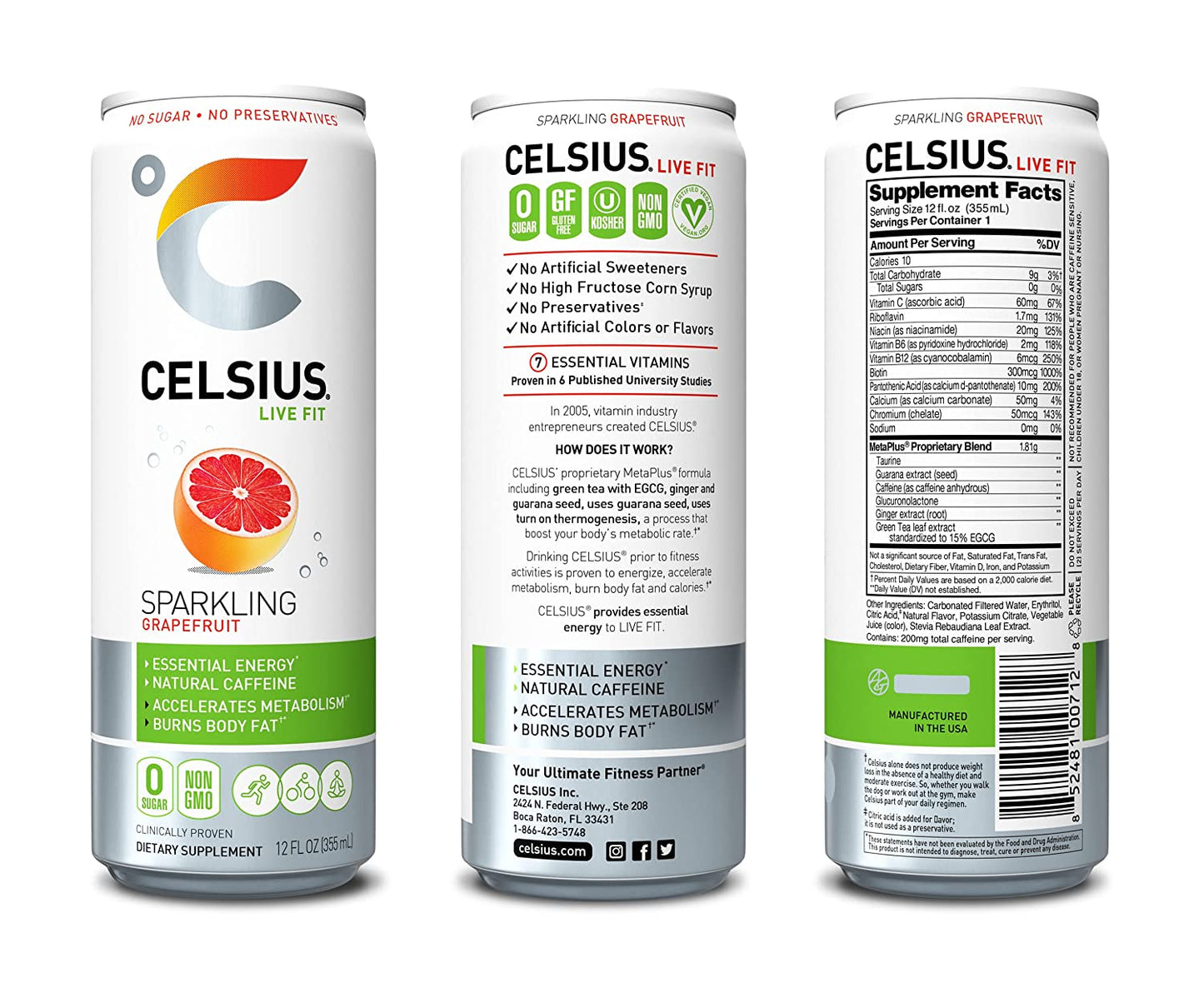 CELSIUS Sparkling, Sweetened with Stevia, Fitness Drink, Zero Sugar, 12oz. Slim Can | Grapefruit (Pack of 24)