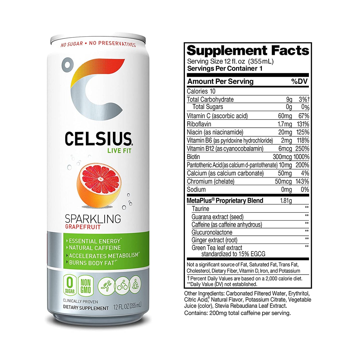 CELSIUS Sparkling, Sweetened with Stevia, Fitness Drink, Zero Sugar, 12oz. Slim Can | Grapefruit (Pack of 24)