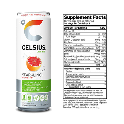 CELSIUS Sparkling, Sweetened with Stevia, Fitness Drink, Zero Sugar, 12oz. Slim Can | Grapefruit (Pack of 24)