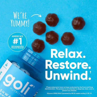 GOLI - Ashwagandha & Vitamin D Gummy - KSM-66, Vegan, Plant Based, Non-GMO, Gluten-Free & Gelatin Free Relax. Restore. Unwind - Mixed Berry, (60) Gummies