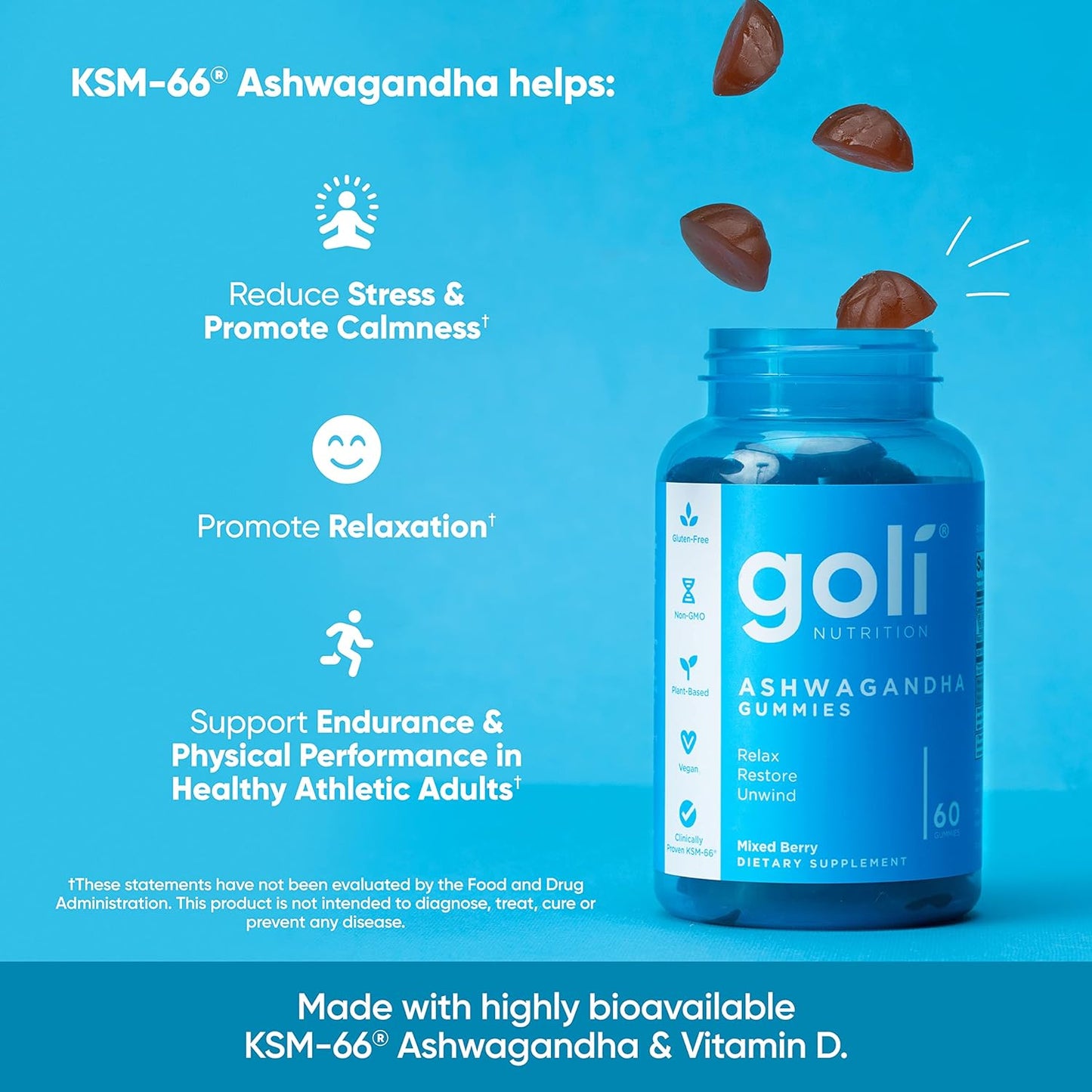 GOLI - Ashwagandha & Vitamin D Gummy - KSM-66, Vegan, Plant Based, Non-GMO, Gluten-Free & Gelatin Free Relax. Restore. Unwind - Mixed Berry, (60) Gummies