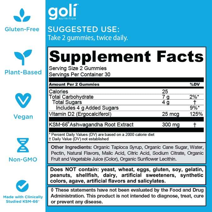 GOLI - Ashwagandha & Vitamin D Gummy - KSM-66, Vegan, Plant Based, Non-GMO, Gluten-Free & Gelatin Free Relax. Restore. Unwind - Mixed Berry, (60) Gummies