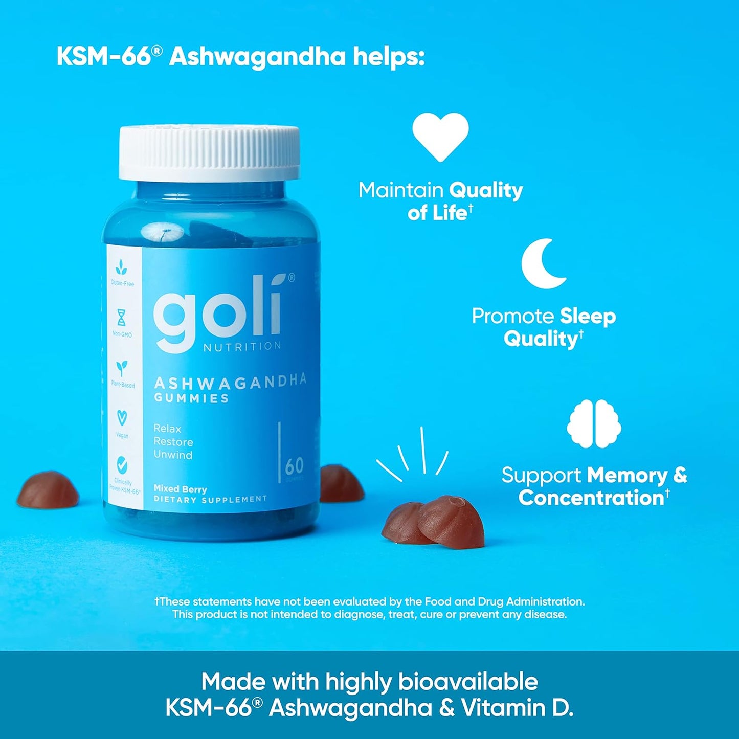 GOLI - Ashwagandha & Vitamin D Gummy - KSM-66, Vegan, Plant Based, Non-GMO, Gluten-Free & Gelatin Free Relax. Restore. Unwind - Mixed Berry, (60) Gummies