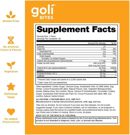 Goli Nutrition Energy Bites - Caffeinated; Vegetarian; Gluten Free; Vitamins B6, B9, B12; No Added Preservatives - Salted Caramel Chocolate Flavor, 30 Pieces