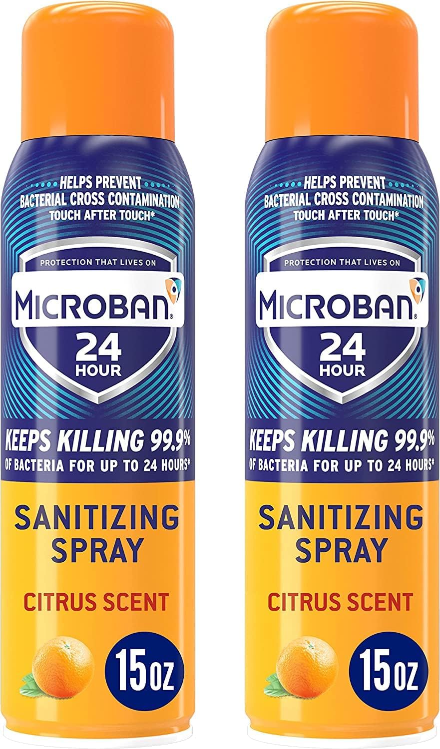 MICROBAN Disinfectant Spray, 24 Hour Sanitizing and Antibacterial Spray, Sanitizing Spray, Citrus Scent, 2 Count (15oz Each)