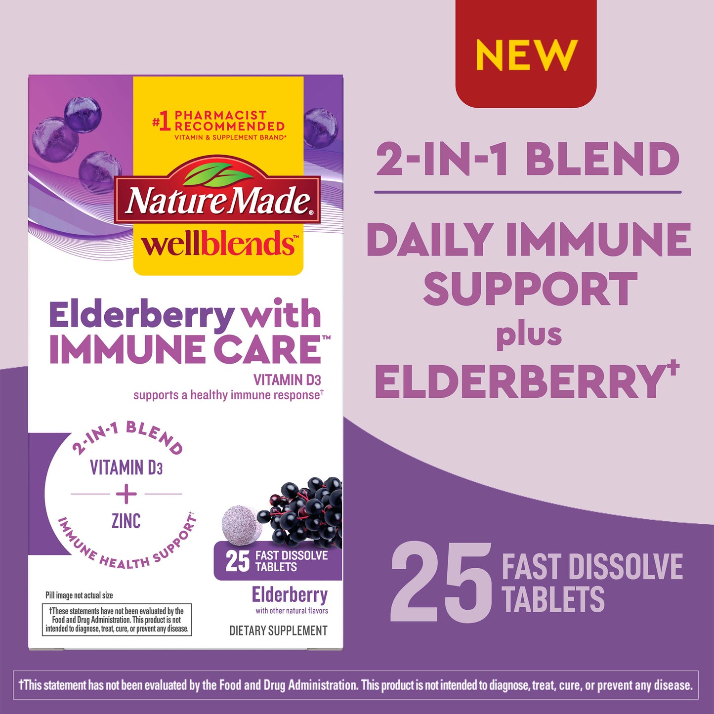 Nature Made Wellblends Elderberry with ImmuneCare Fast Dissolve Tablets, Immune Support Supplement, 25 Count