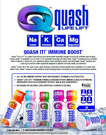 VPX BANG - QUASH Immune Boost & Support, With Vitamins, Elderberry, Zinc, Electrolytes - 3oz Shot - 12-Pack (Wyldin Watermelon)