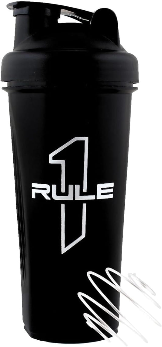 RULE 1 (R1) Proteins - Premium Shaker Bottle - 100% BPA FREE, Leakproof  With Whisking Spring, Ideal For Protein, Pre & Post Workout Drinks - Black, 25oz (700ml)