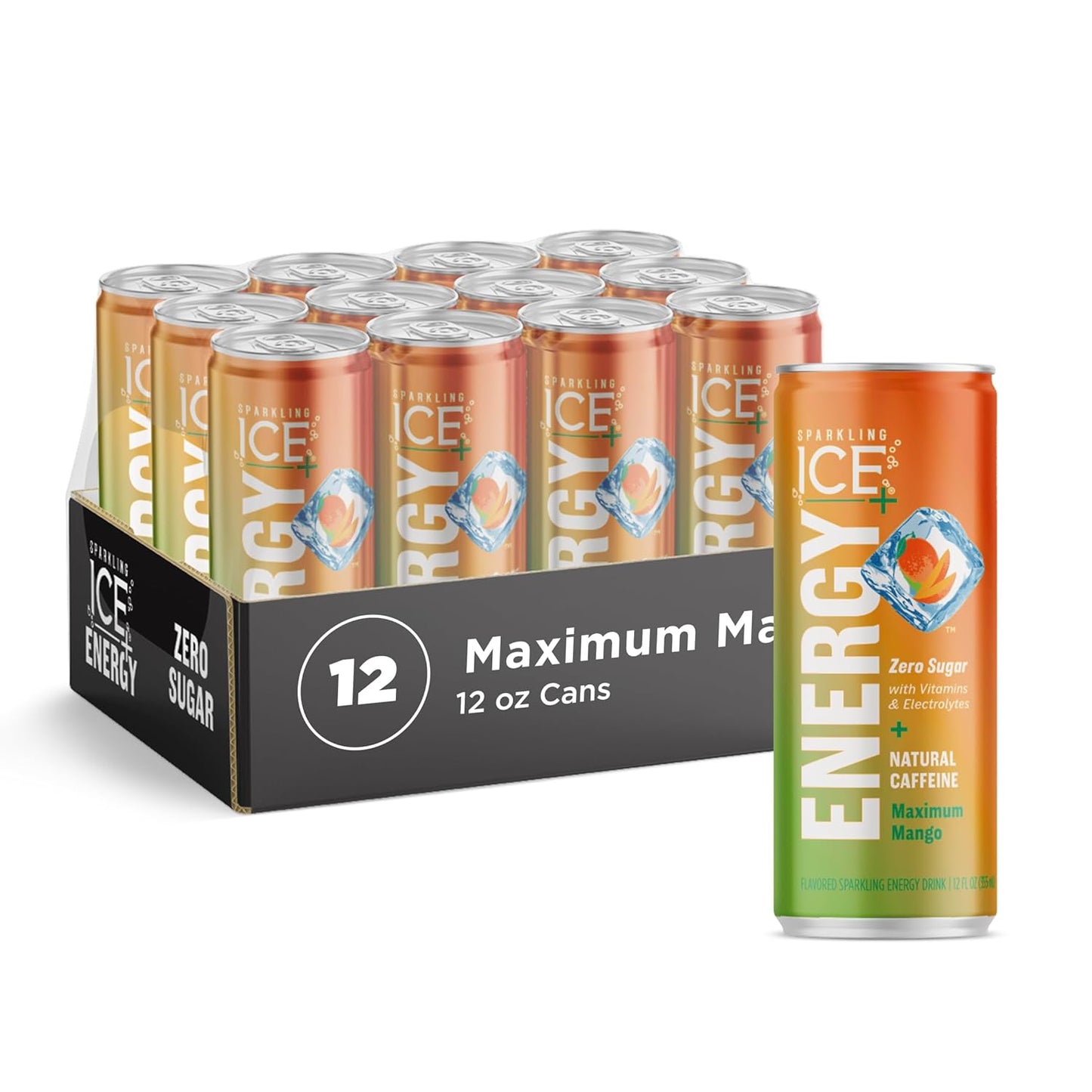 Sparkling Ice +ENERGY Maximum Mango Sparkling Water. Energy drinks with Vitamins & Electrolytes, Zero Sugar, 12 fl oz Cans (Pack of 12)