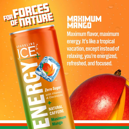 Sparkling Ice +ENERGY Maximum Mango Sparkling Water. Energy drinks with Vitamins & Electrolytes, Zero Sugar, 12 fl oz Cans (Pack of 12)