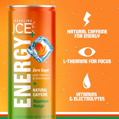 Sparkling Ice +ENERGY Maximum Mango Sparkling Water. Energy drinks with Vitamins & Electrolytes, Zero Sugar, 12 fl oz Cans (Pack of 12)