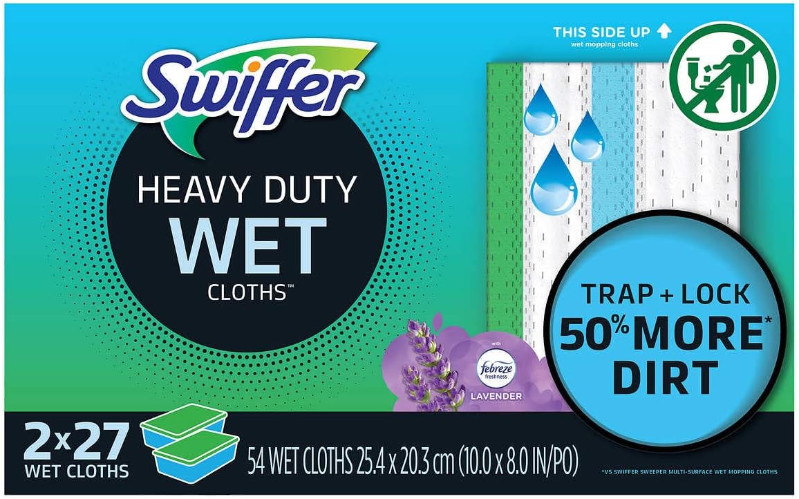 Swiffer Sweeper Heavy Duty Pre-Moistened Wet Cloths, Febreze Lavender Scent, 54-Count